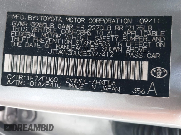 2011 Toyota Prius I with VIN JTDKN3DU3B5327412, listed as a IAAI auction lot 42004987 with 314,253 mi miles. Bid and sale history available at carsss.com. Image 9.