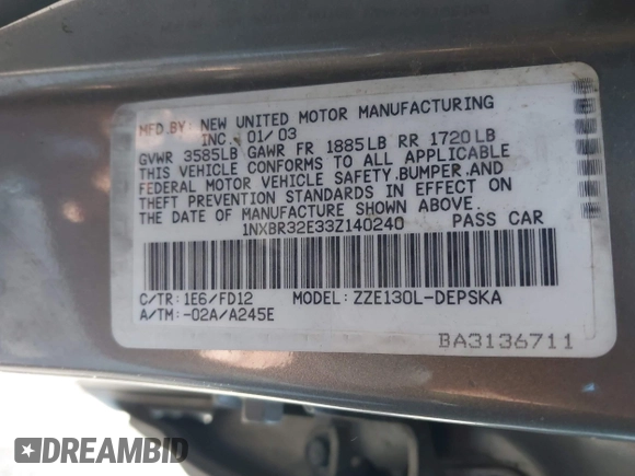 2003 Toyota Corolla CE with VIN 1NXBR32E33Z140240, listed as a IAAI auction lot 42185359 with 207,846 mi miles and . Bid and sale history available at DreamBid. Image 9.