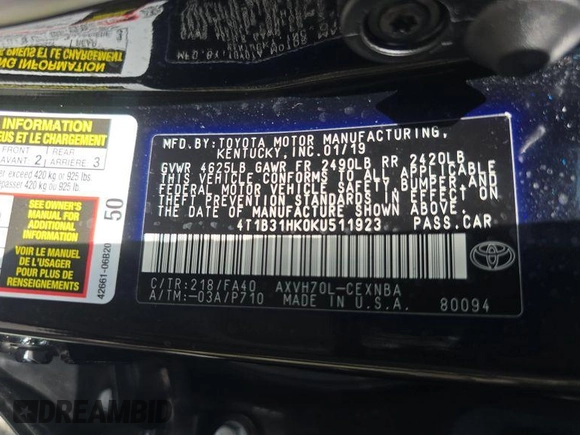2019 Toyota Camry Hybrid LE z VIN 4T1B31HK0KU511923, wystawiony jako IAAI lot #42566419 z przebiegiem 67 166 mil mil oraz . Historia ofert i sprzedaży dostępna na DreamBid. Obrazek 13.