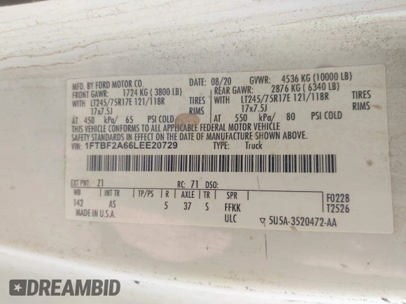 2020 Ford F-250 XL with VIN 1FTBF2A66LEE20729, listed as a IAAI auction lot 41261766 with 100,530 mi miles and . Bid and sale history available at DreamBid. Image 9.