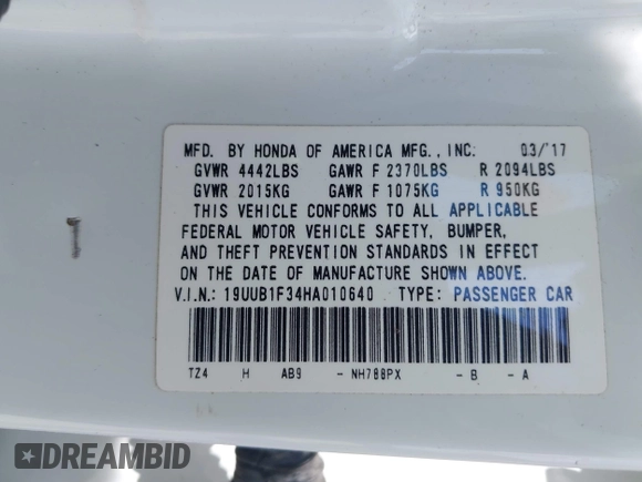 2017 Acura TLX with VIN 19UUB1F34HA010640, listed as a IAAI auction lot 42569091 with 98,310 mi miles and . Bid and sale history available at DreamBid. Image 9.