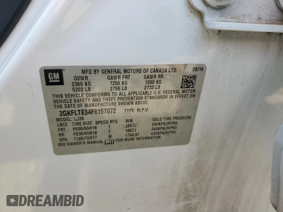 2015 GMC Terrain SLT with VIN 2GKFLTE34F6157072, listed as a Copart auction lot 55496455 with 134,278 mi miles and Salvage title. Bid and sale history available at DreamBid. Image 13.