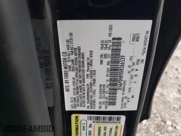 2013 Ford Fusion SE with VIN 3FA6P0HR9DR266539, listed as a Copart auction lot 47580895 with 156,887 mi miles and Salvage Title. Bid and sale history available at carsss.com. Image 12.