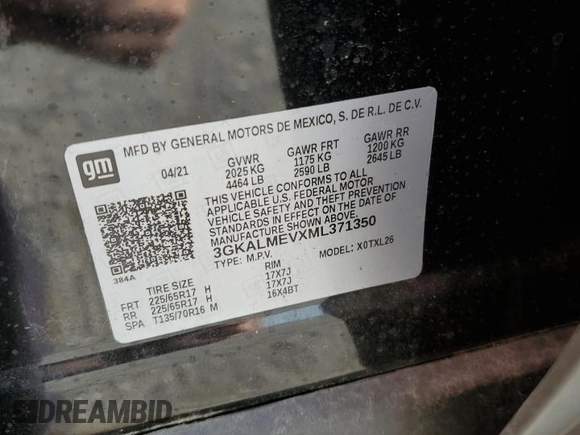 2021 GMC Terrain SLE with VIN 3GKALMEVXML371350, listed as a Copart auction lot 59190475 with 45,443 mi miles and Salvage title. Bid and sale history available at DreamBid. Image 13.