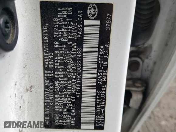 2013 Toyota Camry L with VIN 4T1BF1FK1DU221493, listed as a Copart auction lot 50368805 with 215,821 mi miles and Salvage Title. Bid and sale history available at DreamBid. Image 12.