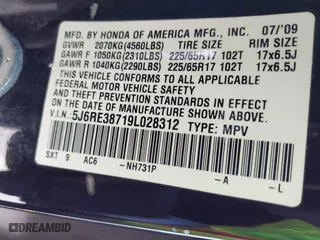 2009 Honda CR-V EX-L with VIN 5J6RE38719L028312, listed as a IAAI auction lot 41783546 with 206,745 mi miles. Bid and sale history available at carsss.com. Image 9.
