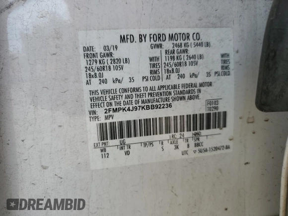 2019 Ford Edge SEL с VIN 2FMPK4J97KBB92236, выставлен на аукционе Copart как лот 61382775 с пробегом 67 162 миль миль и На запчасти • Non repairable. История ставок и продаж доступна на DreamBid. Изображение 14.