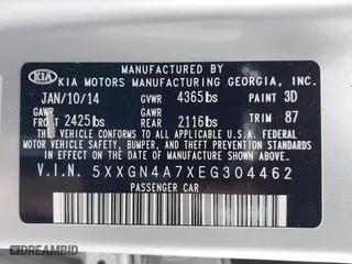 2014 Kia Optima EX with VIN 5XXGN4A7XEG304462, listed as a IAAI auction lot 41577127 with 198,894 mi miles. Bid and sale history available at carsss.com. Image 9.