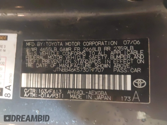 2007 Toyota Camry z VIN JTNBB46K573017707, wystawiony jako IAAI lot #42230423 z przebiegiem 140 843 mil mil oraz . Historia ofert i sprzedaży dostępna na DreamBid. Obrazek 9.