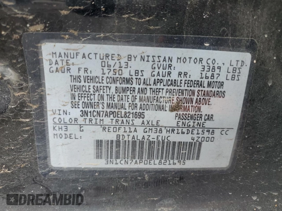 2014 Nissan Versa SV with VIN 3N1CN7AP0EL821695, listed as a Copart auction lot 52405675 with 138,814 mi miles and Clean Title. Bid and sale history available at DreamBid. Image 12.
