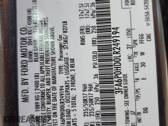 2020 Ford Fusion SE with VIN 3FA6P0HD0LR249194, listed as a Copart auction lot 59510625 with 74,932 mi miles and Salvage title. Bid and sale history available at DreamBid. Image 12.