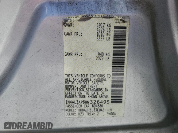 2017 Nissan Altima SR with VIN 1N4AL3AP8HN326495, listed as a Copart auction lot 61350135 with 106,159 mi miles and Salvage title. Bid and sale history available at DreamBid. Image 12.