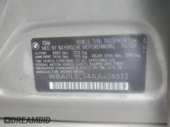 2010 BMW 3 Series 335i xDrive z VIN WBAPL3C54AA408833, wystawiony jako Copart lot #71853864 z przebiegiem Nie podano mil oraz Szkoda całkowita • Salvage title. Historia ofert i sprzedaży dostępna na DreamBid. Obrazek 14.