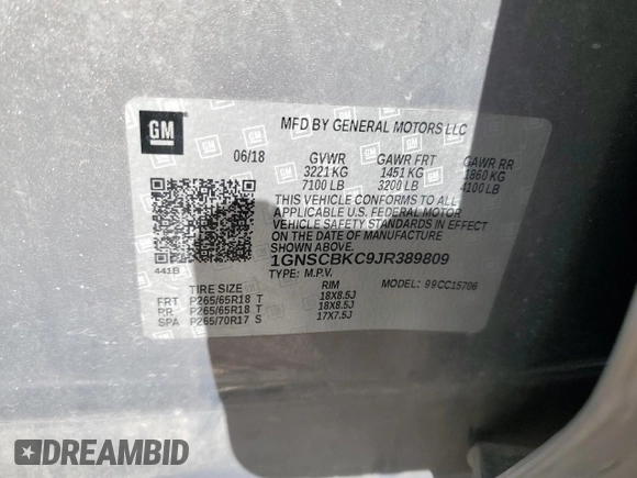 2018 Chevrolet Tahoe LT with VIN 1GNSCBKC9JR389809, listed as a Copart auction lot 53548335 with 111,788 mi miles and Salvage title. Bid and sale history available at DreamBid. Image 13.