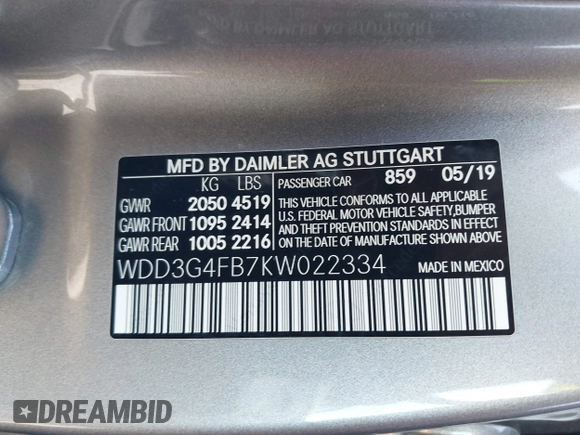 2019 Mercedes-Benz A 220 with VIN WDD3G4FB7KW022334, listed as a IAAI auction lot 41902489 with 80,637 mi miles and . Bid and sale history available at DreamBid. Image 9.
