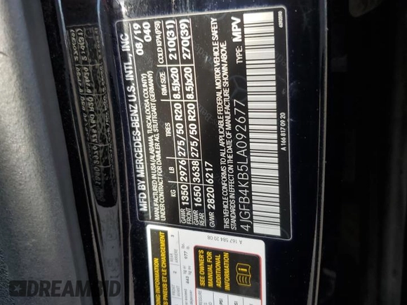 2020 Mercedes-Benz GLE 350 с VIN 4JGFB4KB5LA092677, выставлен на аукционе Copart как лот 55396935 с пробегом Не указан миль и Списание • Salvage title. История ставок и продаж доступна на DreamBid. Изображение 13.