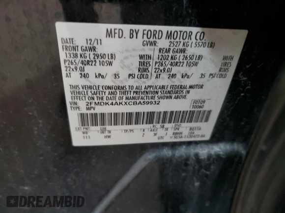 2012 Ford Edge Sport with VIN 2FMDK4AKXCBA59932, listed as a Copart auction lot 44307505 with 258,446 mi miles and Salvage Title. Bid and sale history available at carsss.com. Image 13.