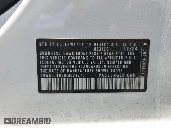 2021 Volkswagen Jetta GLI S с VIN 3VW6T7BU7MM021776, выставлен на аукционе Copart как лот 55020415 с пробегом 61 456 миль миль и На запчасти • Non repairable. История ставок и продаж доступна на DreamBid. Изображение 12.
