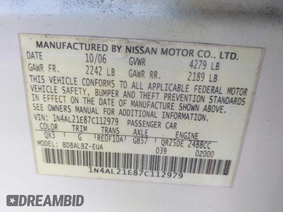 2007 Nissan Altima 2.5 S with VIN 1N4AL21E87C112979, listed as a IAAI auction lot 41929146 with 110,775 mi miles. Bid and sale history available at carsss.com. Image 9.