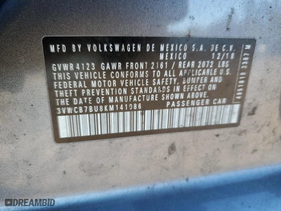2019 Volkswagen Jetta S with VIN 3VWCB7BU8KM141086, listed as a Copart auction lot 84283344 with 100,114 mi miles and Non Repairable. Bid and sale history available at carsss.com. Image 12.