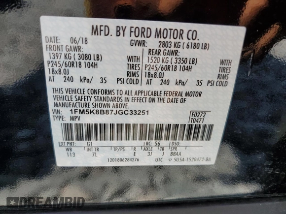 2018 Ford Explorer z VIN 1FM5K8B87JGC33251, wystawiony jako Copart lot #57468405 z przebiegiem 38 843 mil mil oraz Szkoda całkowita • Salvage title. Historia ofert i sprzedaży dostępna na DreamBid. Obrazek 13.