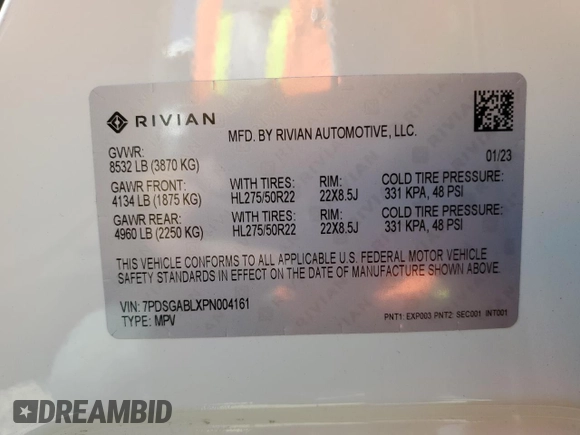 2023 Rivian R1S Launch Edition z VIN 7PDSGABLXPN004161, wystawiony jako Copart lot #67390954 z przebiegiem Nie podano mil oraz Szkody całkowita. Historia ofert i sprzedaży dostępna na DreamBid. Obrazek 12.
