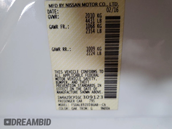 2016 Nissan LEAF S with VIN 1N4AZ0CP1GC309123, listed as a Copart auction lot 58872175 with 70,298 mi miles and Clean title. Bid and sale history available at DreamBid. Image 12.