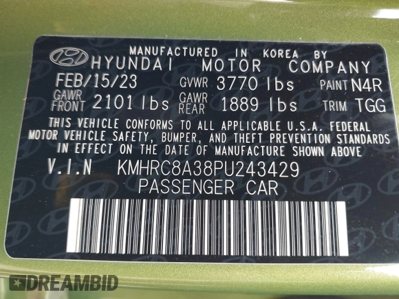 2023 Hyundai Venue SEL with VIN KMHRC8A38PU243429, listed as a IAAI auction lot 42193518 with 39,020 mi miles and . Bid and sale history available at DreamBid. Image 9.