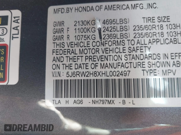 2017 Honda CR-V EX-L with VIN 5J6RW2H8XHL002497, listed as a IAAI auction lot 41816436 with 88,916 mi miles. Bid and sale history available at carsss.com. Image 9.
