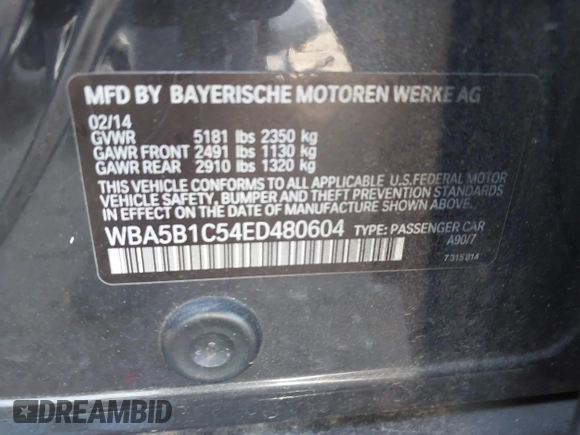 2014 BMW 5 Series 535i with VIN WBA5B1C54ED480604, listed as a IAAI auction lot 41779941 with 146,569 mi miles. Bid and sale history available at carsss.com. Image 9.