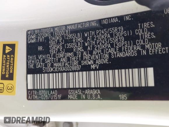 2010 Toyota Highlander Limited with VIN 5TDDK3EHXAS028897, listed as a IAAI auction lot 42347458 with 209,640 mi miles and . Bid and sale history available at DreamBid. Image 9.