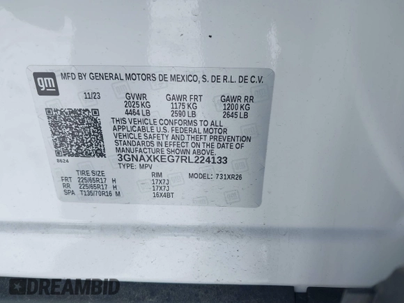 2024 Chevrolet Equinox LT with VIN 3GNAXKEG7RL224133, listed as a IAAI auction lot 41544497 with 9,494 mi miles. Bid and sale history available at carsss.com. Image 9.
