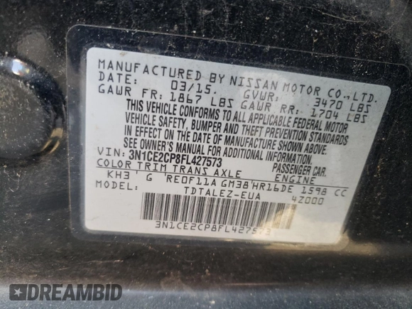 2015 Nissan Note SV z VIN 3N1CE2CP8FL427573, wystawiony jako Copart lot #56285915 z przebiegiem 101 316 mil mil oraz Szkoda całkowita • Salvage title. Historia ofert i sprzedaży dostępna na DreamBid. Obrazek 12.