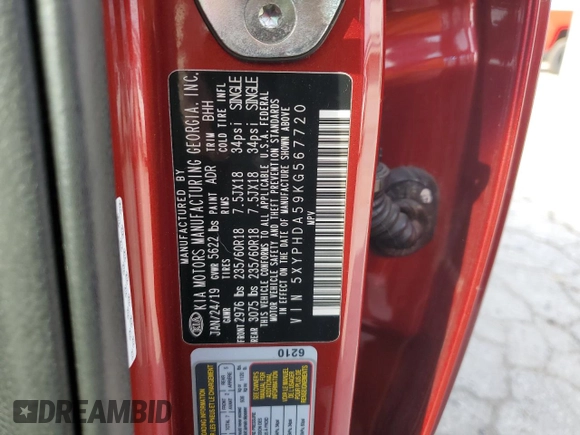 2019 Kia Sorento EX with VIN 5XYPHDA59KG567720, listed as a Copart auction lot 52944355 with 75,114 mi miles and Salvage Title. Bid and sale history available at DreamBid. Image 15.