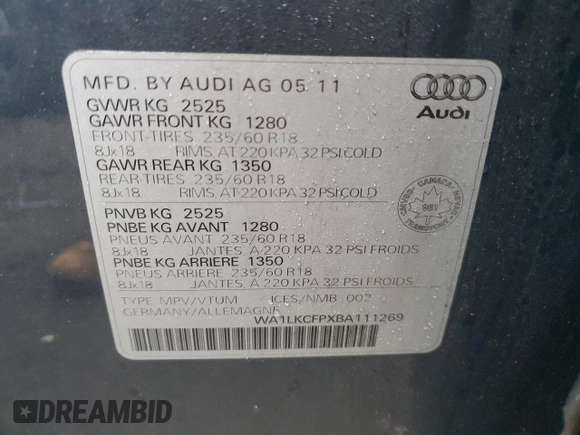 2011 Audi Q5 Premium with VIN WA1LKCFPXBA111269, listed as a Copart auction lot 43534795 with 197,221 mi miles and Clean title. Bid and sale history available at DreamBid. Image 13.