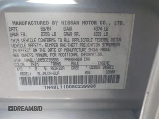 2005 Nissan Altima 3.5 SE with VIN 1N4BL11D05C239986, listed as a IAAI auction lot 41866344 with 212,087 mi miles. Bid and sale history available at carsss.com. Image 9.
