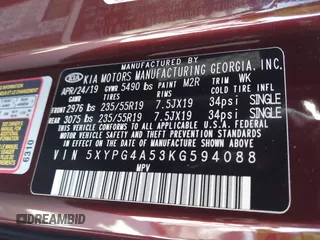 2019 Kia Sorento LX V6 with VIN 5XYPG4A53KG594088, listed as a IAAI auction lot 41249727 with 32,631 mi miles. Bid and sale history available at carsss.com. Image 9.
