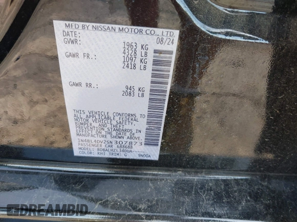 2025 Nissan Altima SV with VIN 1N4BL4DV2SN307873, listed as a IAAI auction lot 42152604 with 14,585 mi miles and . Bid and sale history available at DreamBid. Image 9.