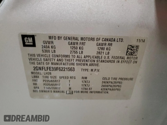 2015 Chevrolet Equinox LT with VIN 2GNFLFE39F6221563, listed as a Copart auction lot 46328505 with 116,942 mi miles and Salvage Title. Bid and sale history available at DreamBid. Image 16.