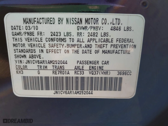 2010 Infiniti G37 Sedan x with VIN JN1CV6AR1AM252044, listed as a IAAI auction lot 41762829 with 191,325 mi miles. Bid and sale history available at carsss.com. Image 9.