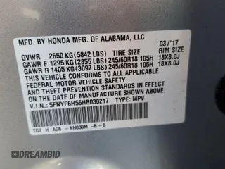 2017 Honda Pilot EX-L with VIN 5FNYF6H56HB030217, listed as a Copart auction lot 43574145 with 91,996 mi miles and Salvage Title. Bid and sale history available at DreamBid. Image 14.