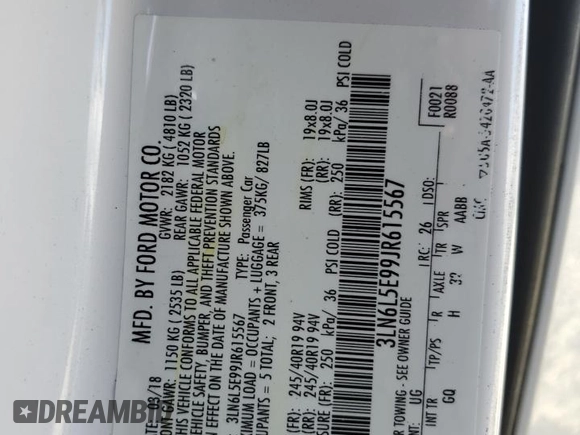 2018 Lincoln MKZ Reserve with VIN 3LN6L5E99JR615567, listed as a Copart auction lot 49258075 with 124,246 mi miles and Salvage Title. Bid and sale history available at DreamBid. Image 14.