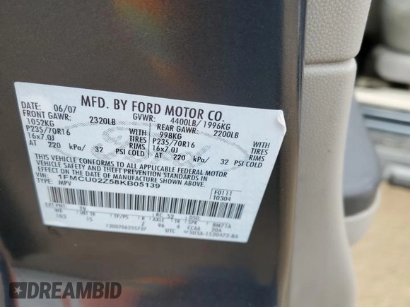 2008 Ford Escape XLS z VIN 1FMCU02Z58KB05139, wystawiony jako Copart lot #89308165 z przebiegiem Nie podano mil oraz Nie do naprawy • Non repairable. Historia ofert i sprzedaży dostępna na DreamBid. Obrazek 13.