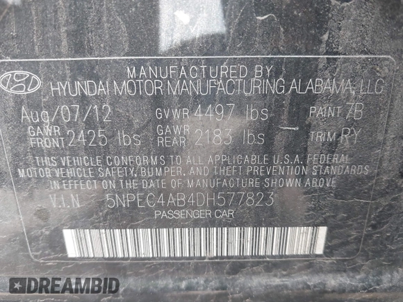 2013 Hyundai Sonata Limited with VIN 5NPEC4AB4DH577823, listed as a IAAI auction lot 41913061 with 186,376 mi miles and . Bid and sale history available at DreamBid. Image 9.