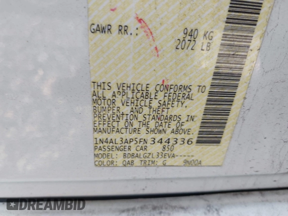 2015 Nissan Altima SL with VIN 1N4AL3AP5FN344336, listed as a IAAI auction lot 41467677 with 89,403 mi miles and . Bid and sale history available at carsss.com. Image 9.