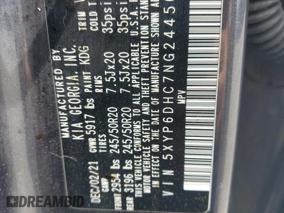 2022 Kia Telluride S with VIN 5XYP6DHC7NG244569, listed as a Copart auction lot 52546445 with 58,969 mi miles and Salvage Title. Bid and sale history available at DreamBid. Image 14.