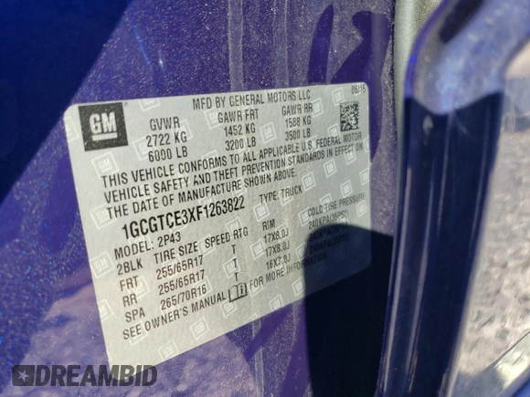 2015 Chevrolet Colorado 4WD Z71 with VIN 1GCGTCE3XF1263822, listed as a Copart auction lot 52771145 with 133,409 mi miles and Clean title. Bid and sale history available at DreamBid. Image 12.