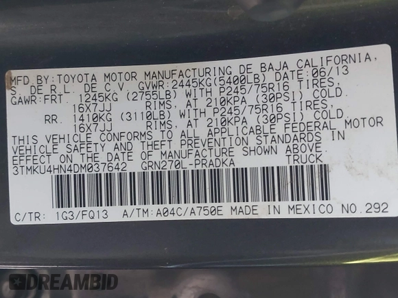 2013 Toyota Tacoma PreRunner with VIN 3TMKU4HN4DM037642, listed as a IAAI auction lot 41524081 with 149,621 mi miles and . Bid and sale history available at DreamBid. Image 9.