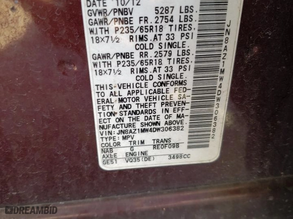 2013 Nissan Murano LE with VIN JN8AZ1MW4DW306382, listed as a Copart auction lot 44526524 with 182,210 mi miles and Salvage Title. Bid and sale history available at carsss.com. Image 13.