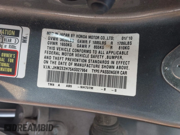 2010 Honda Insight EX with VIN JHMZE2H75AS027964, listed as a IAAI auction lot 41889301 with 136,485 mi miles and . Bid and sale history available at DreamBid. Image 9.